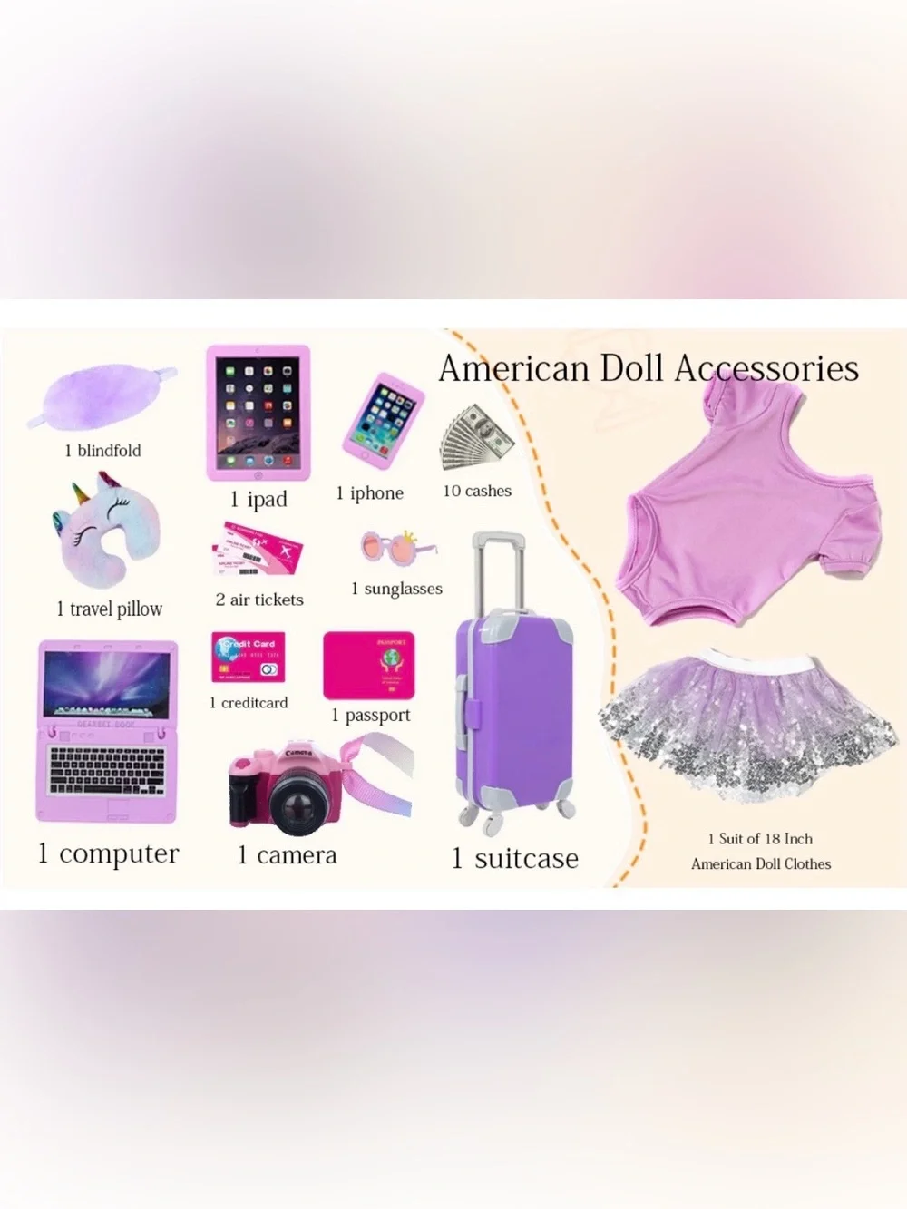 Travel Suitcase Play Set w/ Outfit & Accessories for 18” Dolls